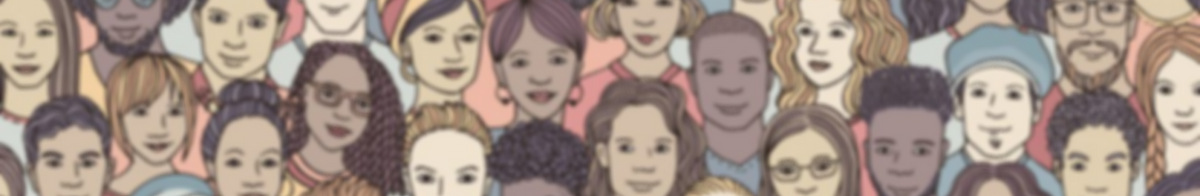 image of cartoon faces of people with a variety of skin colors, hair, facial/head coverings.