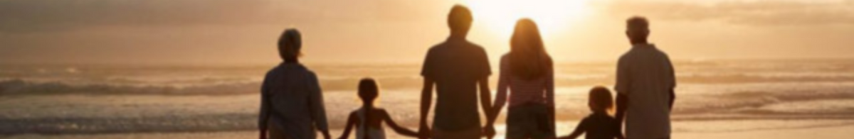 family of six holding hands, background is a sunset.