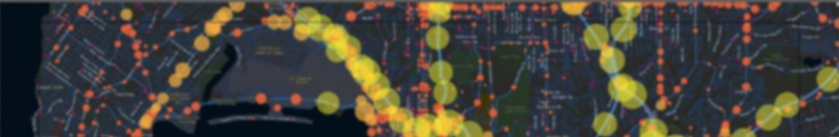 black digital map with yellow and orange circles along major traffic routes.