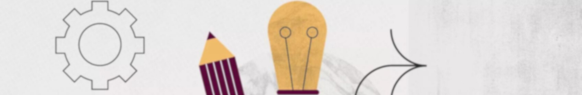pencil, gear, lightbulb, arrow, on grey background